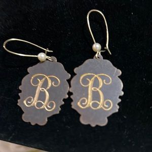 Etched. Initial B  hook style earrings